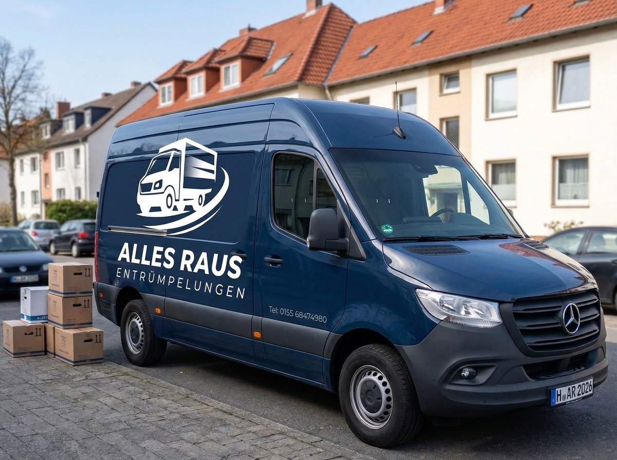 Blue Mercedes moving van with Alles Raus logo parked on residential street with cardboard boxes nearby