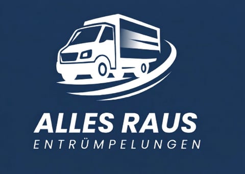 Alles Raus Entrumpelungen logo featuring a moving truck with curved swoosh on dark blue background
